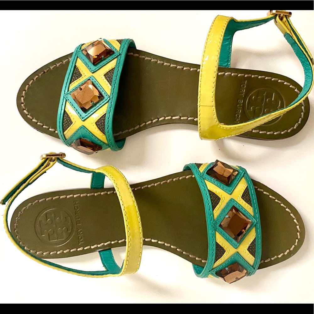 Tory Burch ETTA OPAQUE STONE FLAT SANDALS, Sz 5.5